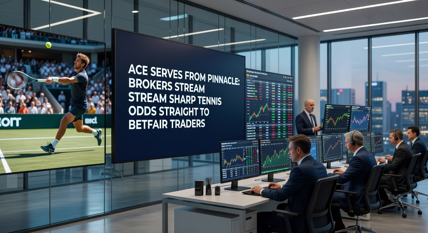 Betfair trading interface displaying live tennis odds from Pinnacle via broker stream, with charts showing price movements during a match