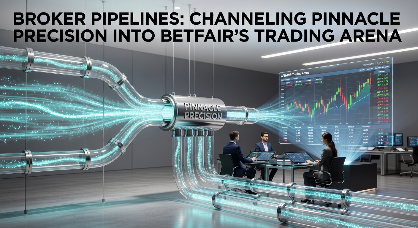 Diagram illustrating broker pipelines connecting Pinnacle's sharp odds to Betfair's exchange liquidity