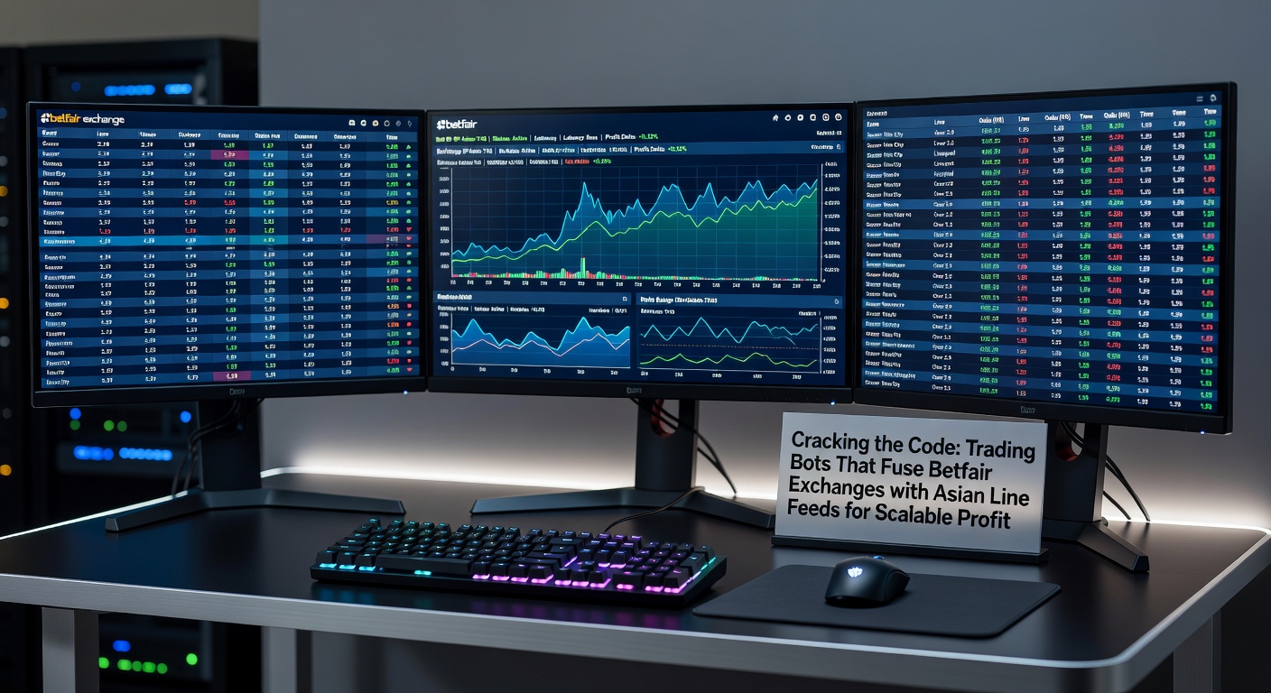 Screenshot of a trading bot dashboard displaying real-time Betfair odds alongside Asian line feeds, highlighting a profitable arbitrage opportunity