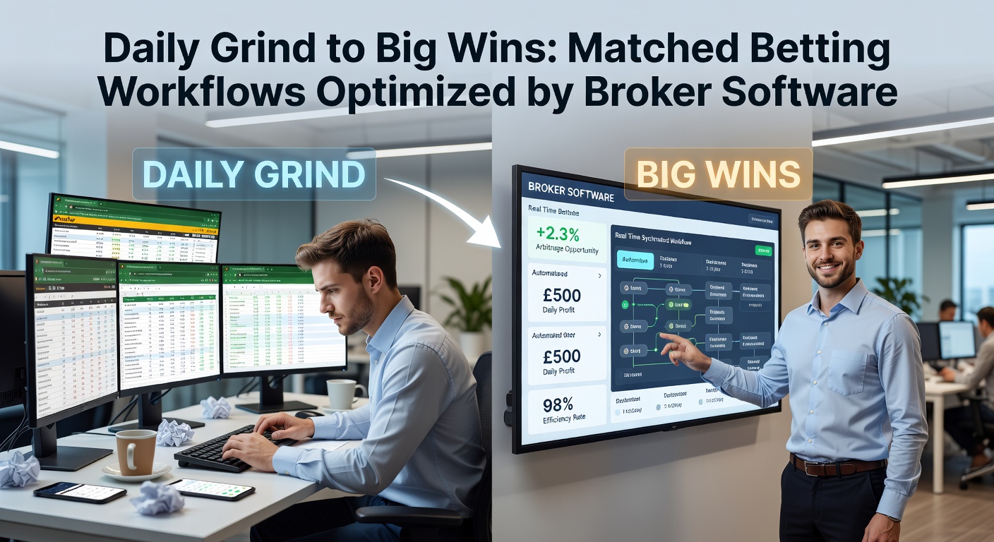 Diagram illustrating a streamlined matched betting workflow powered by broker software, showing odds comparison, bet placement, and profit calculation steps