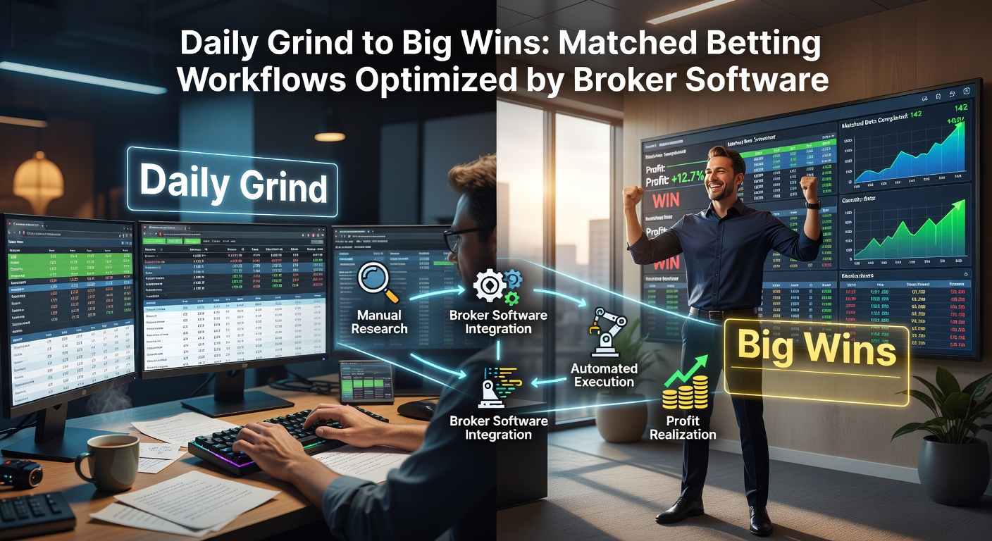 Screenshot of broker software dashboard displaying real-time matched betting opportunities, stake calculators, and profit projections for multiple events