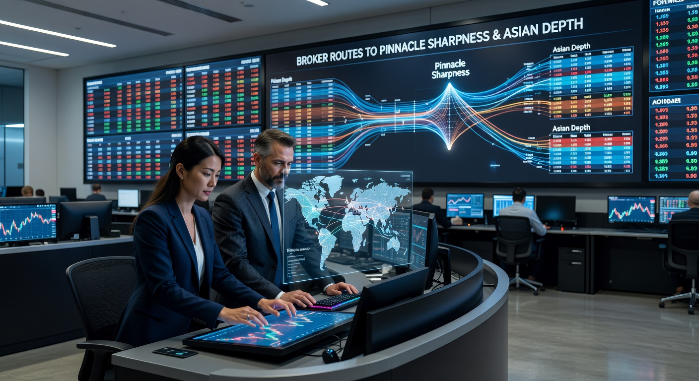 Exchange trader monitoring multiple broker screens displaying Pinnacle odds and Asian book liquidity in real-time