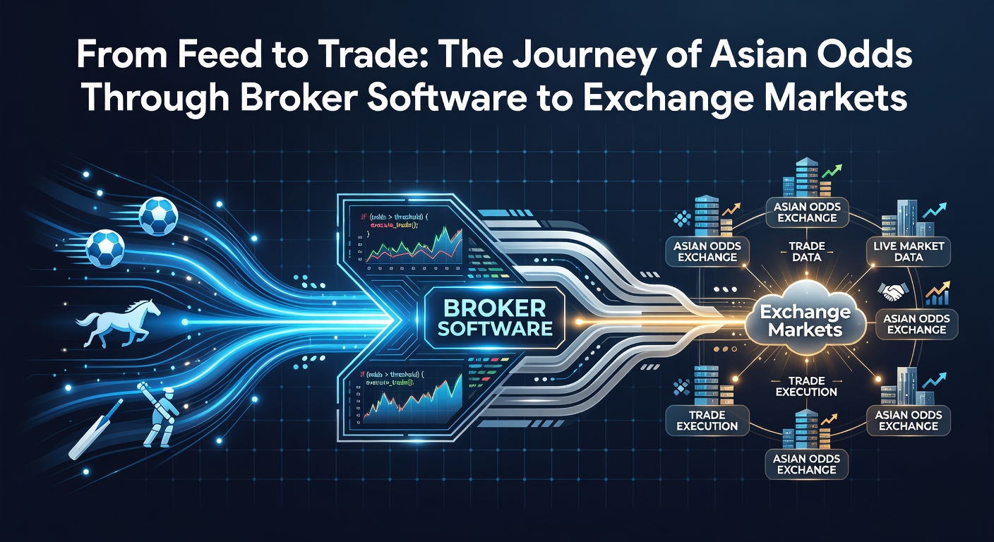 Visual flowchart showing Asian odds flowing from data feeds through broker software interfaces into bustling exchange trading screens