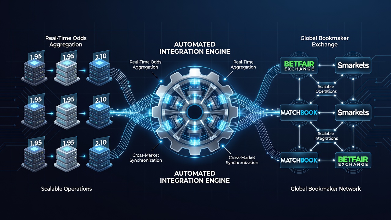 Diagram showing automated data pipelines connecting global bookmaker odds to betting exchange platforms