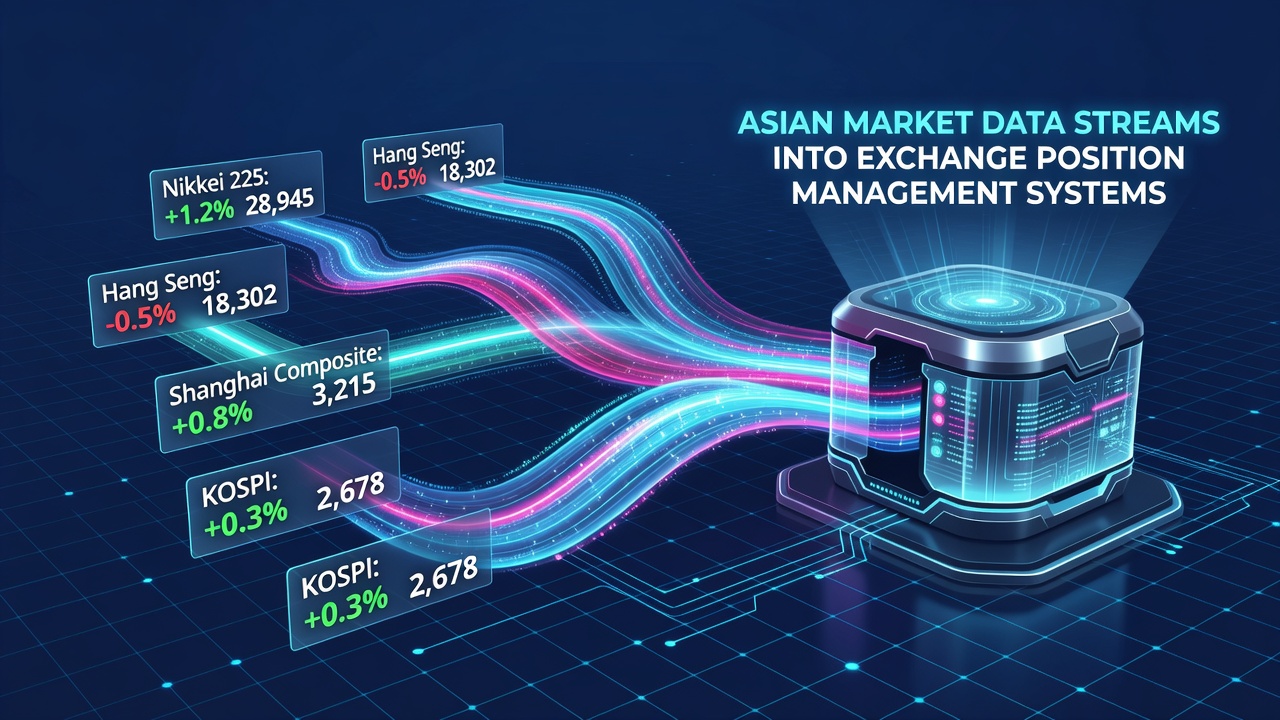 Diagram showing intermediary data channels connecting Asian market feeds to exchange position management platforms