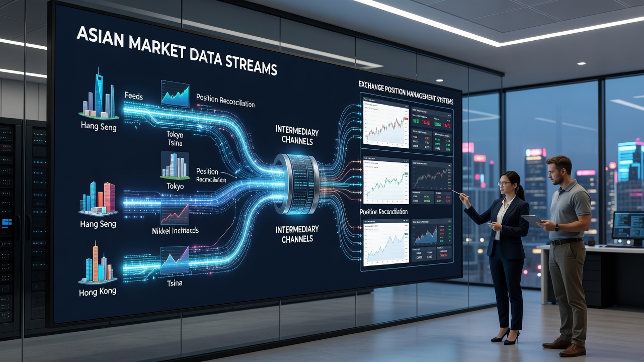 Technical illustration of real-time data streaming from Asian exchanges through intermediaries into position management dashboards