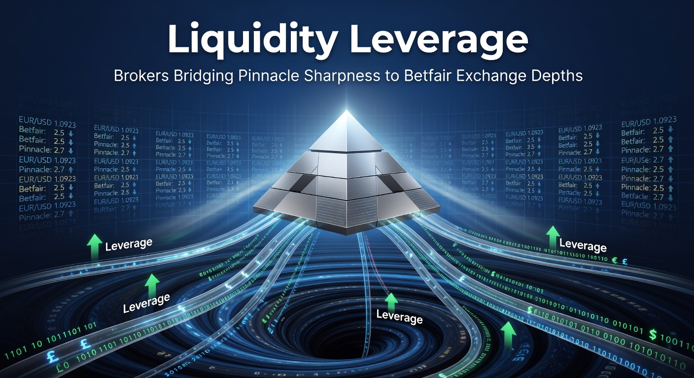 Chart illustrating liquidity flow from Pinnacle's sharp odds to Betfair Exchange's deep markets, with broker connections highlighted in blue lines
