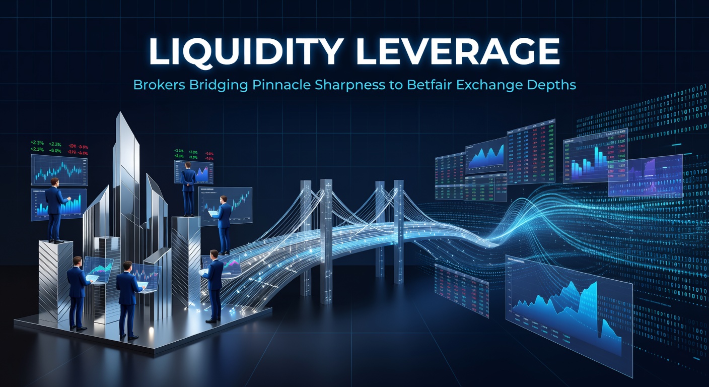 Visual diagram of a broker dashboard showing Pinnacle odds overlaid on Betfair charts, with leverage multipliers and liquidity streams in green
