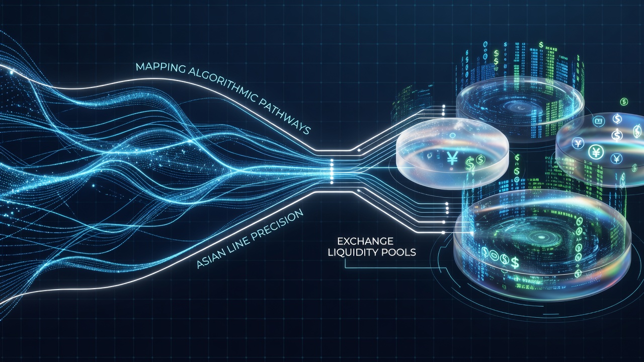 Technical diagram of algorithmic routing from Asian lines to liquidity pools