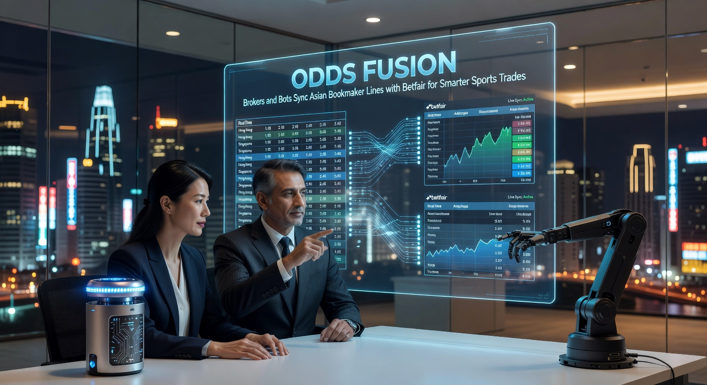 Digital dashboard showing synchronized odds from Asian bookmakers flowing into Betfair exchange interface, highlighting real-time line movements
