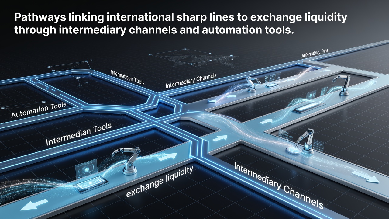 Diagram showing intermediary channels linking sharp international odds providers to betting exchange liquidity pools through automated broker systems