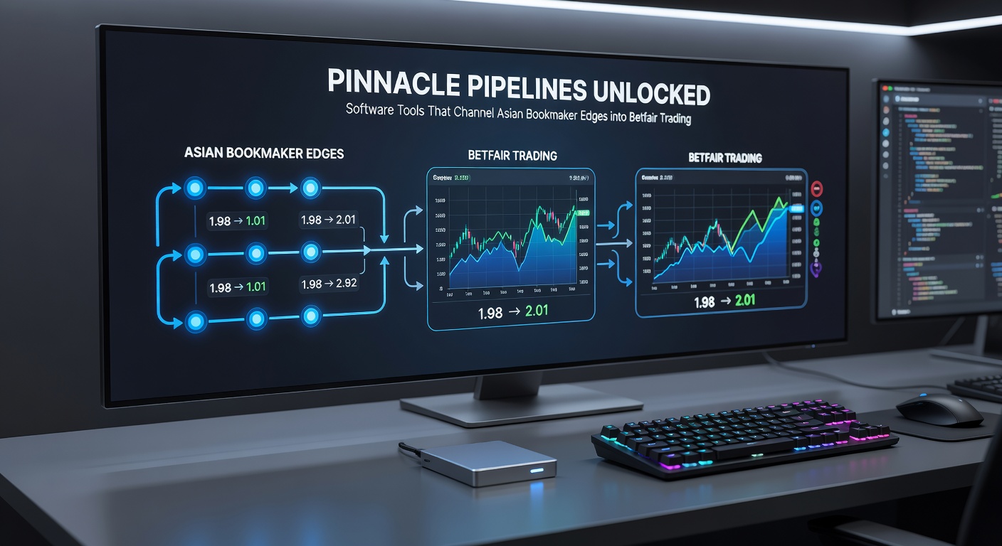 Close-up of trading screen showing Pinnacle odds overlaid on Betfair ladder, with pipeline software indicators highlighting profitable entry points