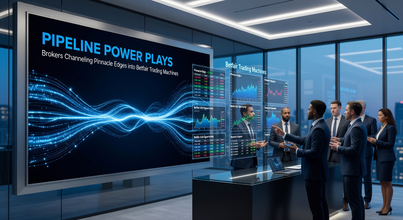 Digital pipelines streaming sharp odds data from Pinnacle to Betfair trading interfaces, illustrating broker technology in action