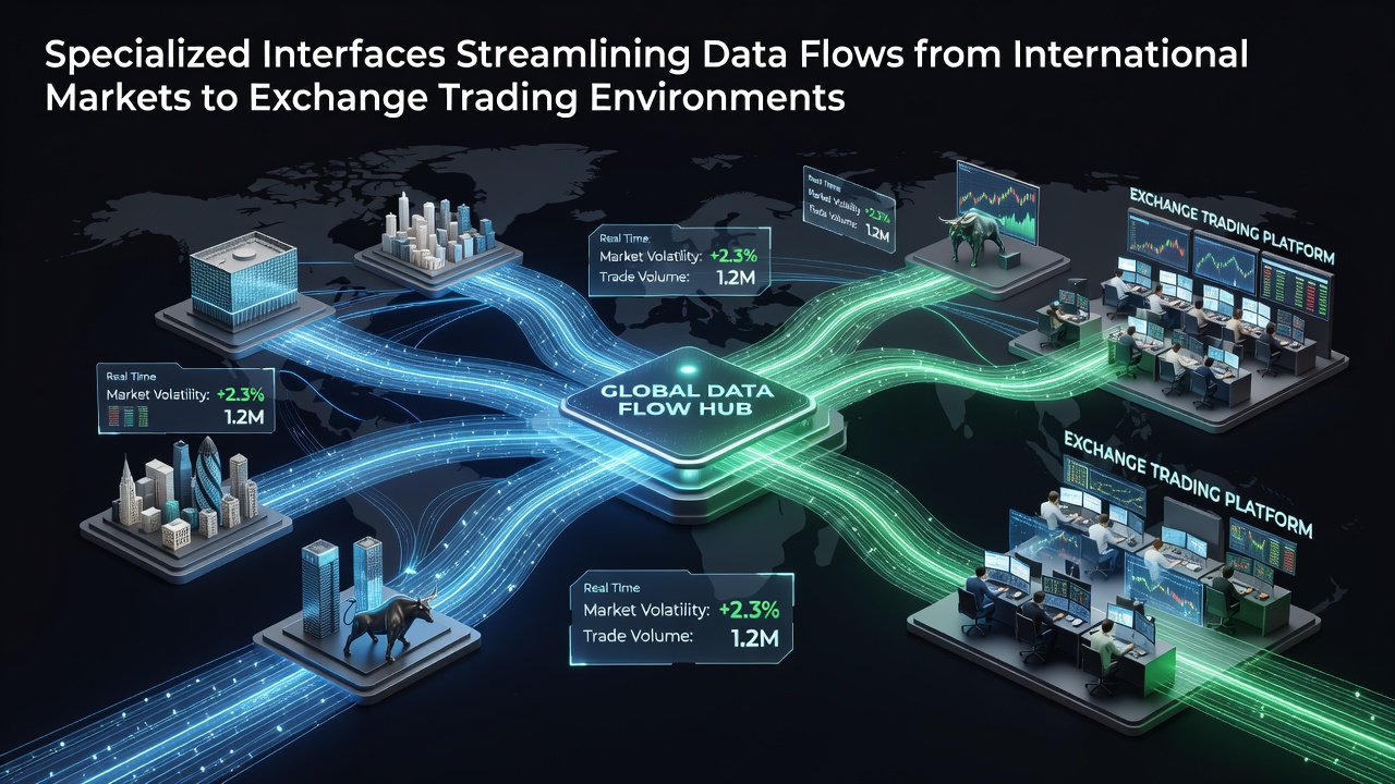 Visual representation of data interfaces connecting global financial markets to central trading exchanges with real-time flow diagrams