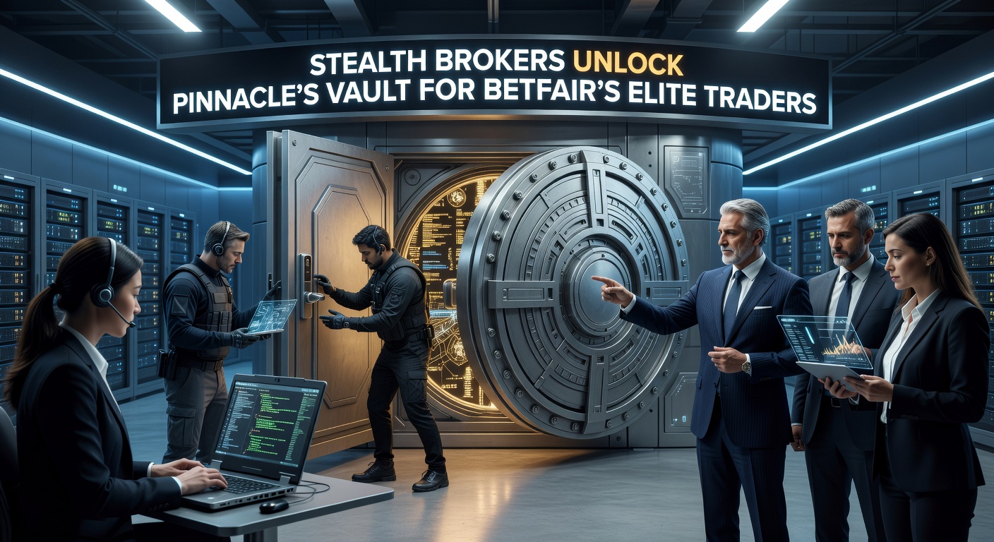Digital vault unlocking with Pinnacle and Betfair logos emerging amid shadowy broker networks, symbolizing elite access to sharp odds