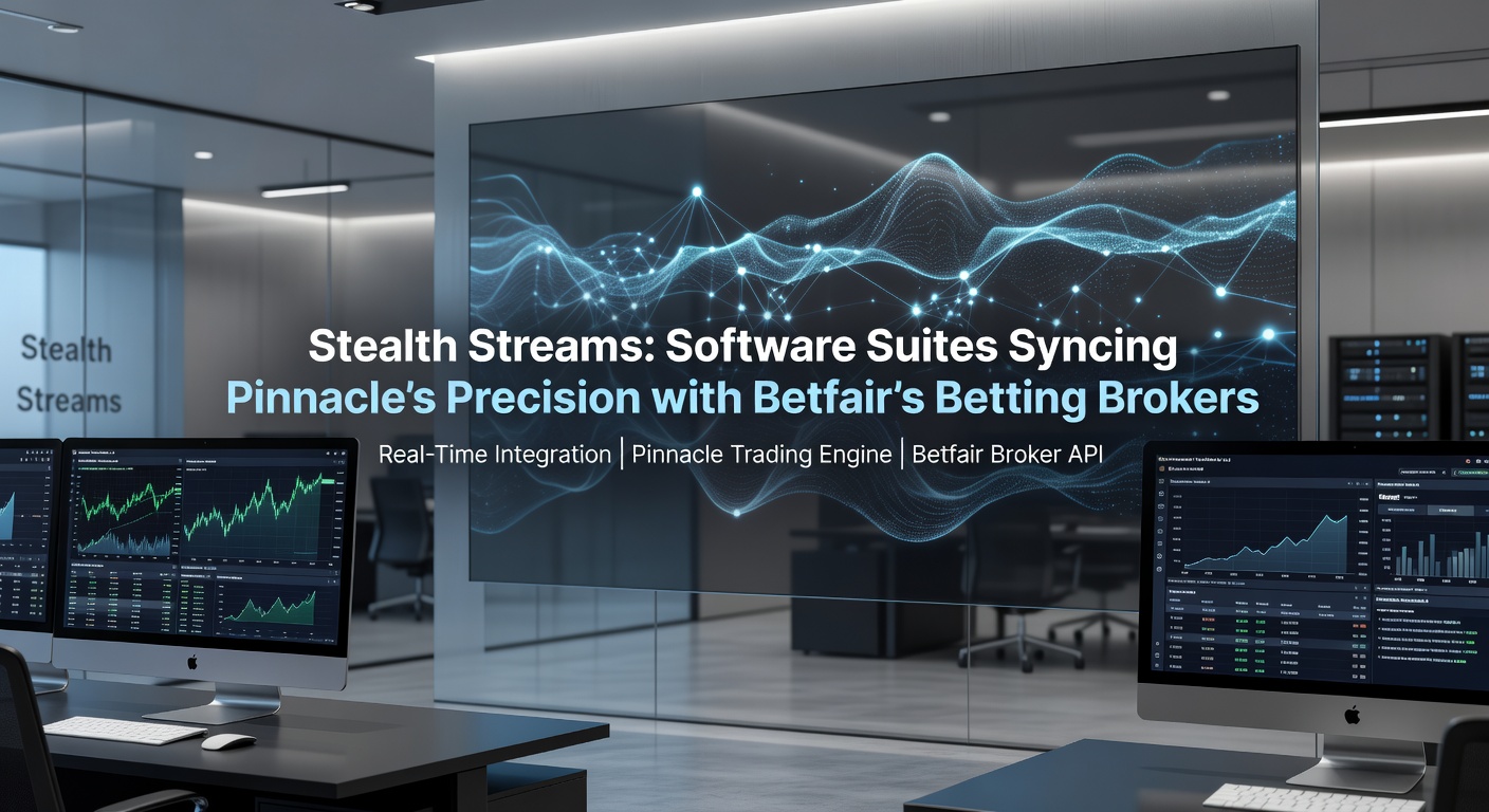 Digital dashboard displaying real-time odds syncing between Pinnacle and Betfair interfaces, highlighting broker connections in a sleek software suite