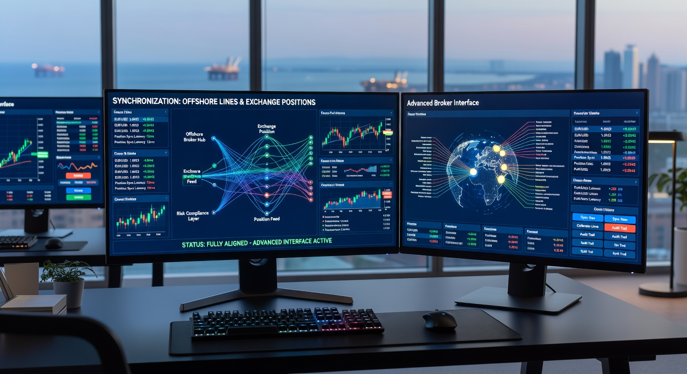 Advanced broker interface dashboard displaying real-time synchronization between offshore betting lines and exchange positions